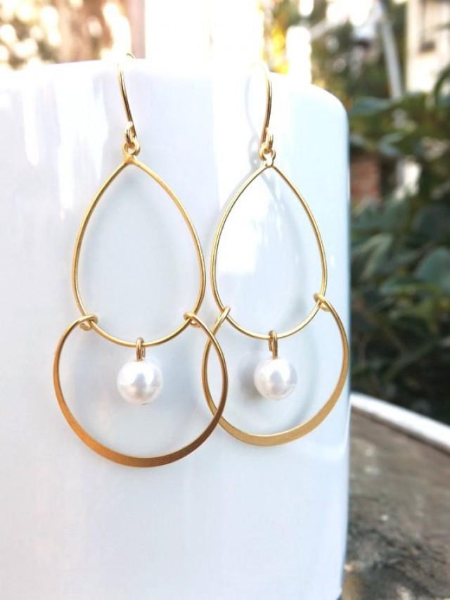 White Pearl Gold Chandelier Earrings. Gold Dangle Earrings. Pearl