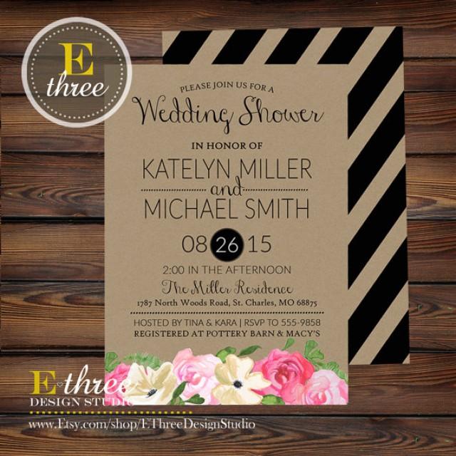 Printable Wedding Shower Invitation Rustic Watercolor Flowers Black Stripes Pink, Cream