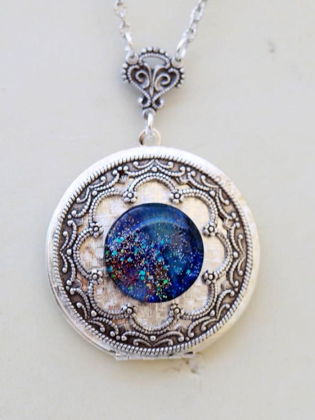ON SALE Locket Necklace,Blue Galaxy Locket,Blue Necklace,Blue Stone, Locket, Jewelry Gift,Silver