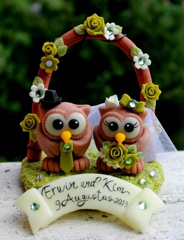 Wedding Cake Topper, Chocolate Owl Bride And Groom With Floral Arch And