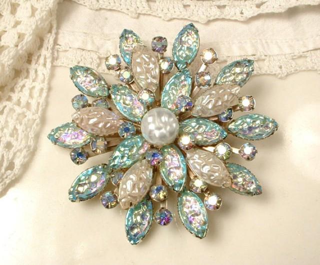 Brooch OR Hair Comb Turquoise Aqua Blue Ivory Baroque Pearl