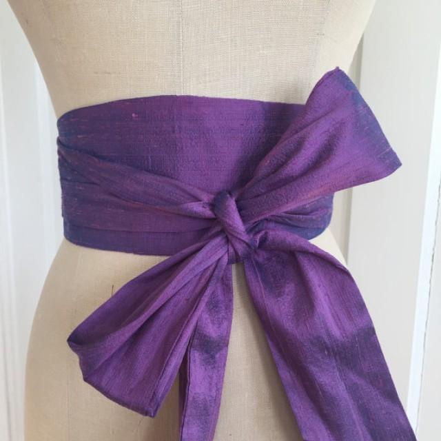 Silk Wedding Sash, Purple Bridal Obi Belt, Raw Silk Waist Cincher, Engagement Party Sash Belt