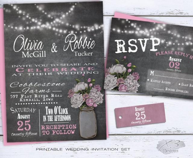 Rustic Wedding Invitation Red Peony /& String Lights Winter Chalkboard Country Wedding Invite Fall Mason Jar Wedding Invitation Printable