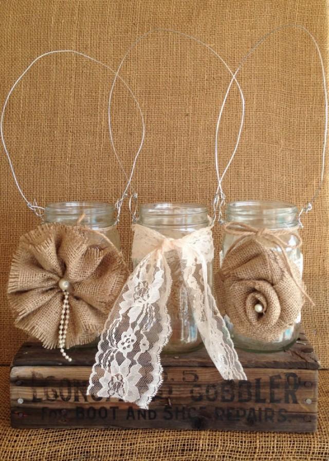 Hanging Mason Jars, Ball Jars, Flower Vases/Candle Votive , Burlap And