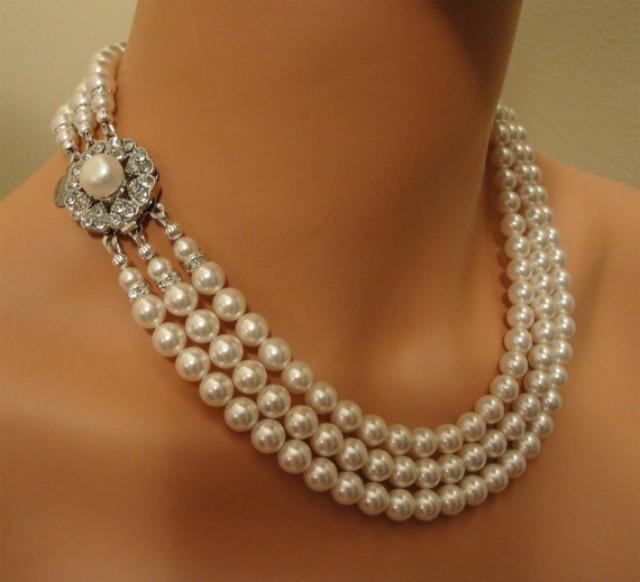 Bridal Pearl Necklace Set 3 Multi Strand Pearls Like Jackie O In Choice Of Color Perfect Wedding 6100