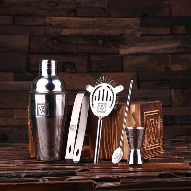 Personalized 5pc Cocktail Shaker Mixer Sets With Wood Storage Box
