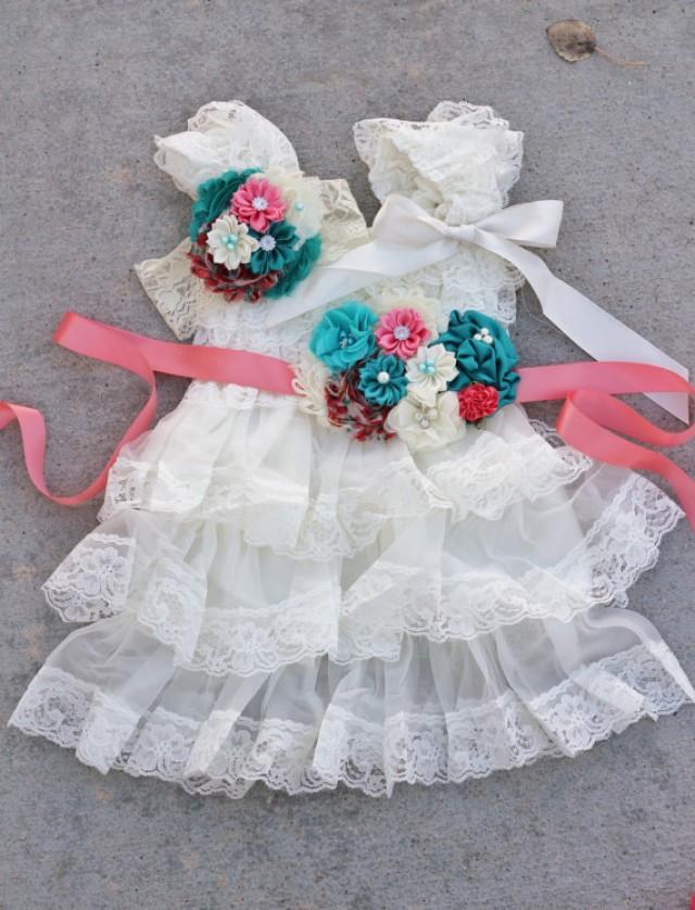 Ivory Teal Coral Dress Sash Headband SET,lace Girl Dress,baby Dress