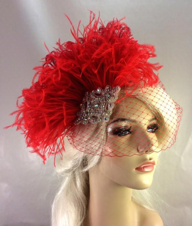 Red Bridal Fascinator, Silver Beaded A/B Rhinestone Center, Feather ...