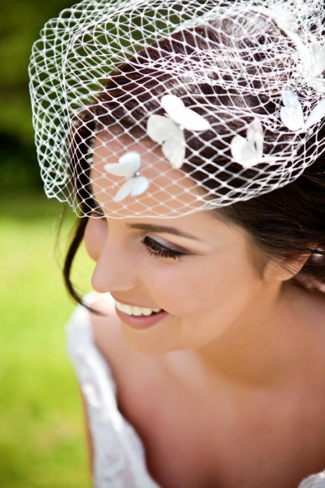 Ivory Blusher Birdcage Veil With Silk Butterfly Detail And Swarovski Crystal. Wedding, Bride, UK