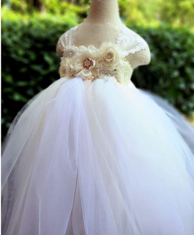 Flower Girl Dress Lace Chiffton Flowers Ivory Tutu Dress Baby Dress