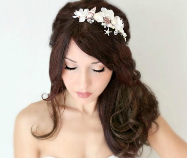 Beach Wedding Comb, Seashell Starfish Pearls Crystals & Flowers Hair