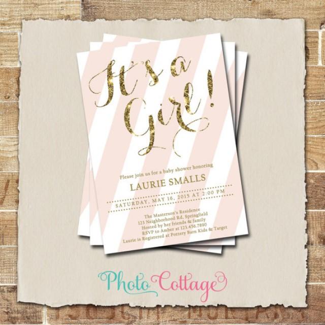 It's A Girl Baby Shower Invitation, Glitter Gold Invitation, Light Pink