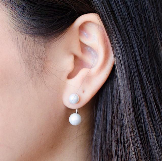 Double Pearl Ear Jacket, Sterling Silver, Shell Pearl Stud Earrings