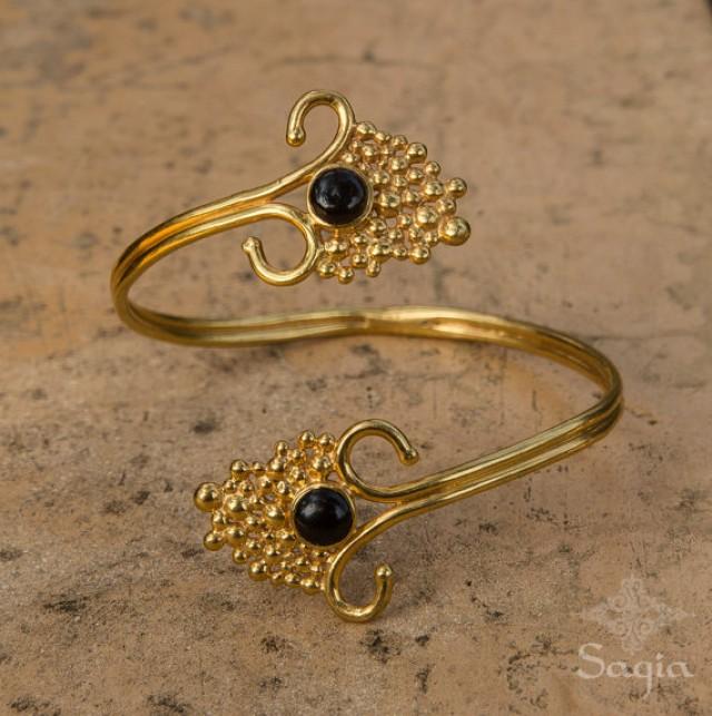 Gold Arm Cuff With Black Onyx, Gold Armlet, Upper Arm Cuff Bracelet