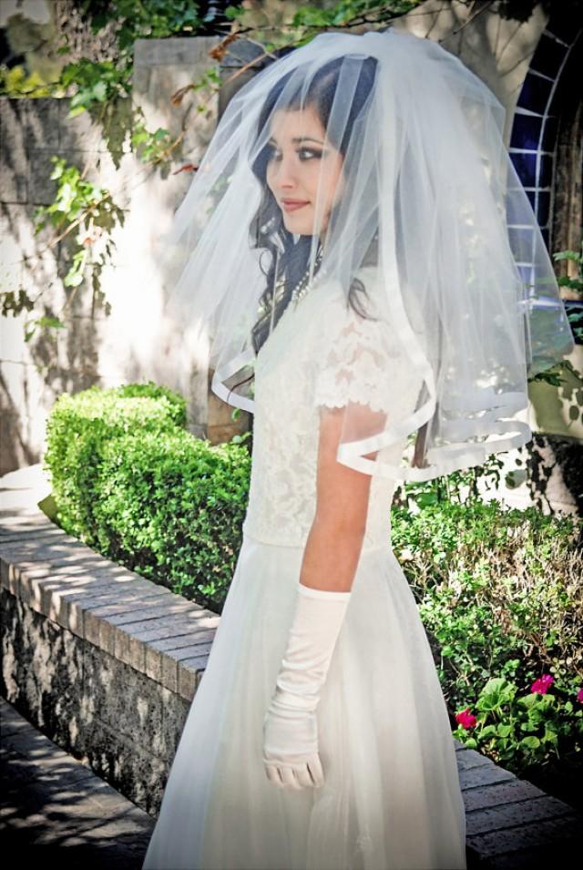 Short Full Vintage Style Two Layer Satin Wedding Veil With Blusher
