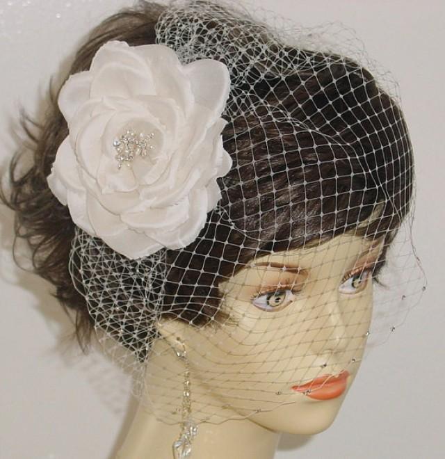 Floral Fascinator Wedding Headpiece Clip And Rhinestone Edged Birdcage
