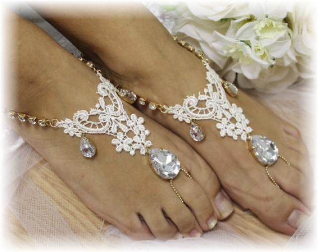 Gold Rhinestone And Ivory Lace Barefoot Sandals Beach Wedding Sandles Footless Barefoot