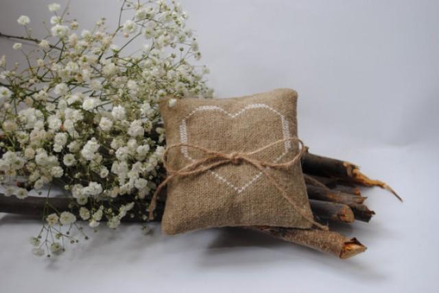 Embroidered Burlap Wedding Ring Pillow Rustic Ring Pillow Bearer