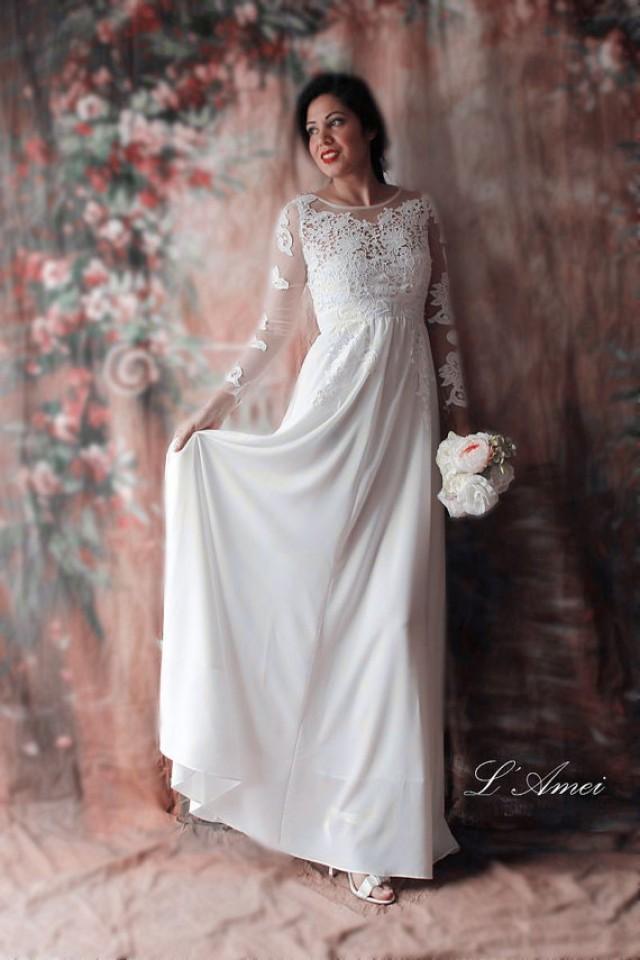Affordable Fitted Longsleeved Lace Bridal Wedding Dress With Lace