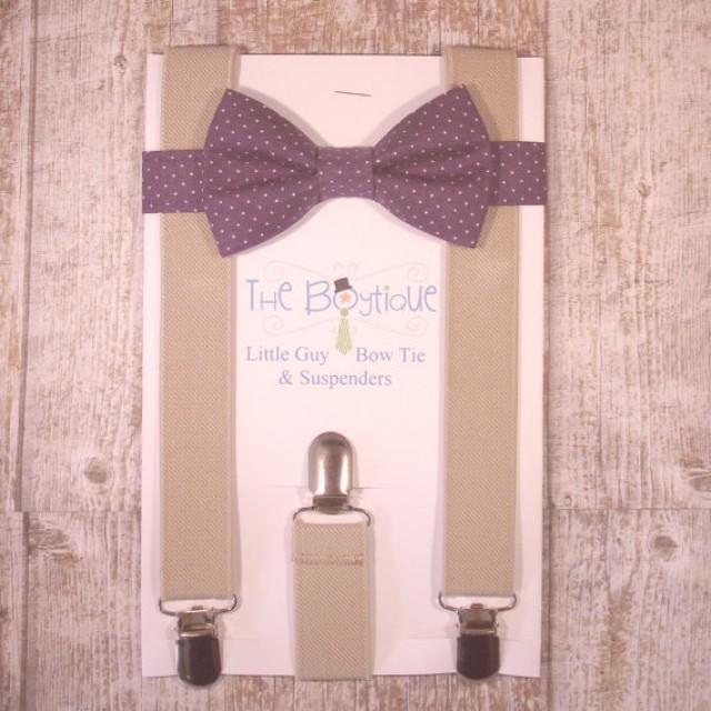 Purple Bow Tie And Suspenders, Purple Polka Dot Bow Tie With Tan