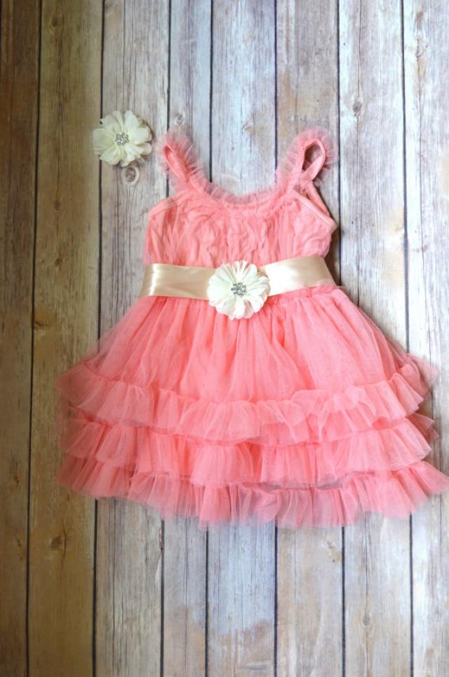 Coral Tulle Flower Girl Dress Hair Clip Set, Coral Wedding Dress, Coral