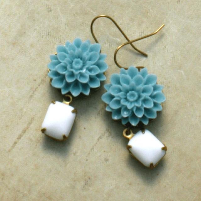 Flower Drop Earrings, Blue Dahlia Flower And White Glass Rhinestone
