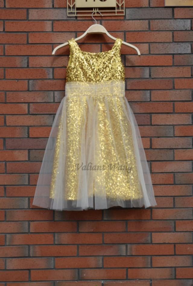 Gold Sequins Ivory Tulle Flower Girl Dress Baby Girl Party