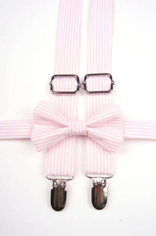 Pink Seersucker Bow Tie & Suspenders, Pink Strpe Bow Tie, Pink Bow Tie