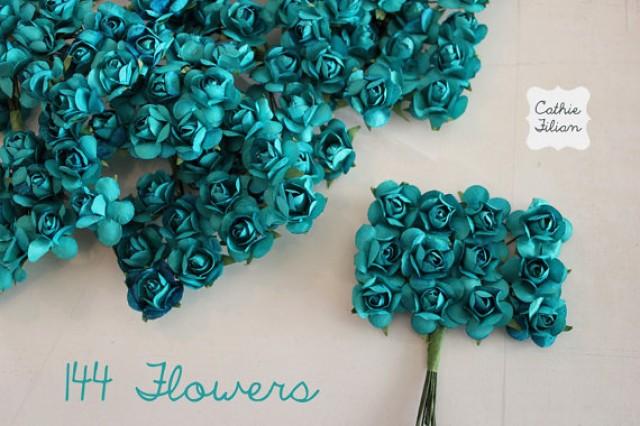 144 Teal Paper Flowers Small Bouquet Wedding Bridal Baby