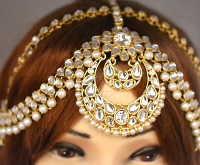 Gold Crystal Two Row Pearl Indian Matha Patti Tikka Head Chain