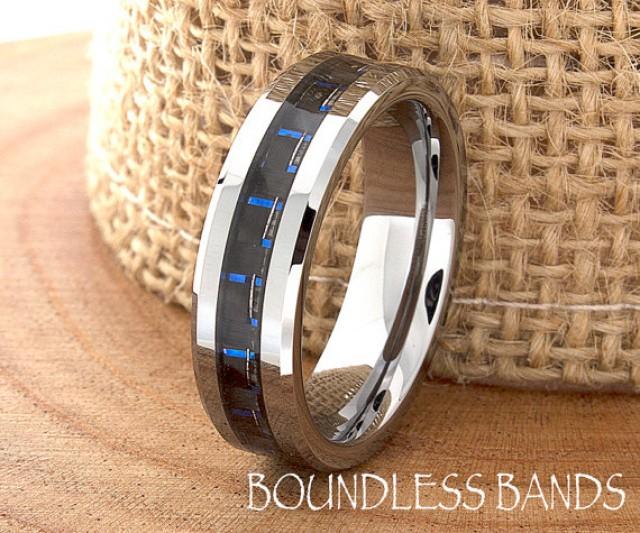 Blue Carbon Fiber Tungsten Wedding Ring Navy Blue Mens Wedding Band