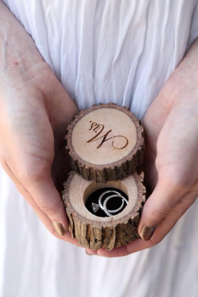 Engraved Wood Wedding Ring Bearer Slice, Rustic Wooden Ring Holder, Reclaimed Hickory Ring