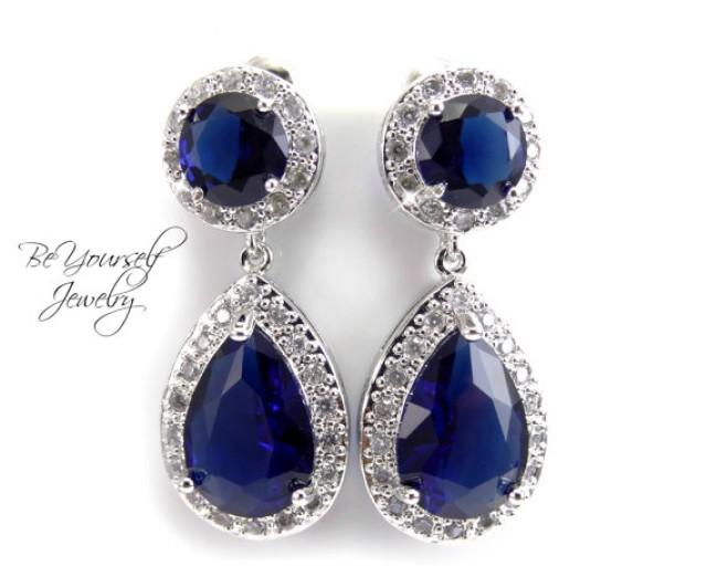 Sapphire Bridal Teardrop Earrings Sparkly Cubic Zirconia Earrings