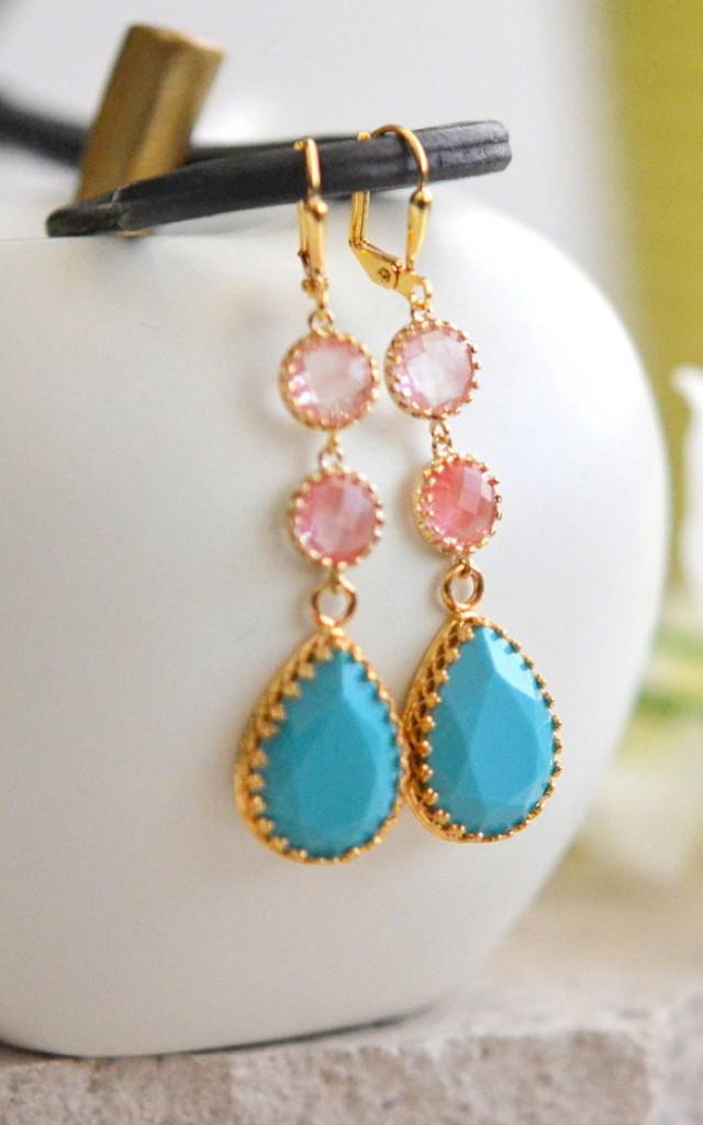 Long Jewel Earrings In Turquoise And Grapefruit Pink. Dangle Earrings