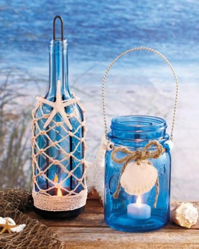 Seaside Blue Green Glass Mason Jar Bottle Led Tea Light Holder