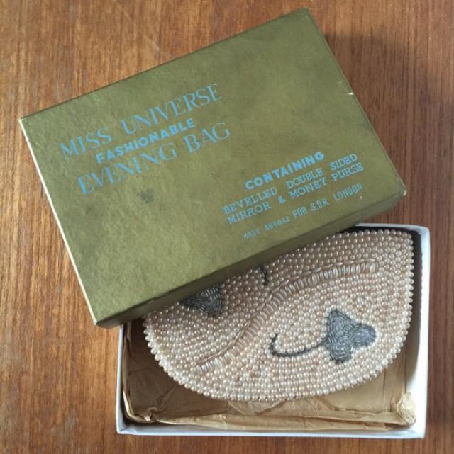 1950s Vintage Clutch Bag Bridal Purse Champagne Pearls And Silver Bugle