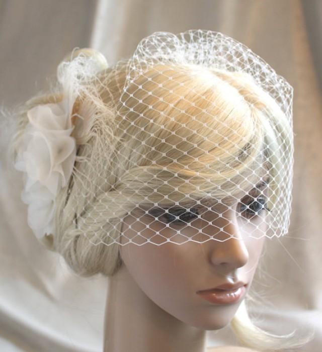 Ivory Silk Organza Flowers Hair Clip And Birdcage Veil ( 2 Items