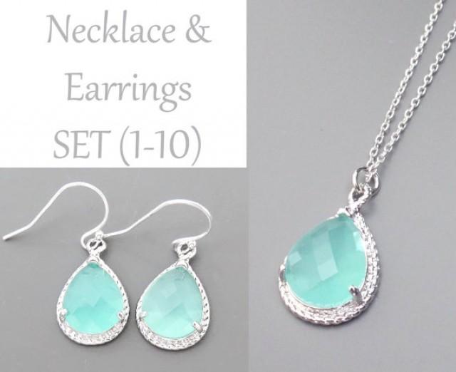 Mint, Oparl, Necklace, And, Earrings, Set, Jewelry, Bridesmaid, Modern