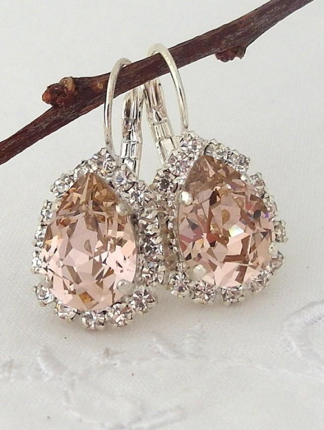 Blush Pink Crystal Teardrop Earring, Drop Earring, Swarovski Rhinestone Halo Earring, Bridal