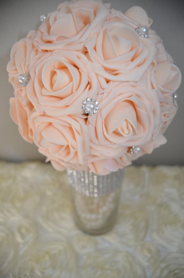 PEACH Blush Bling Pearl Brooch Elegant Wedding Foam Flower Ball