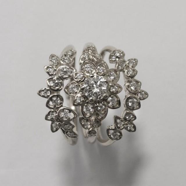 Diamond Art Deco Petal Engagement Set Unique Engagement Ring, Leaf