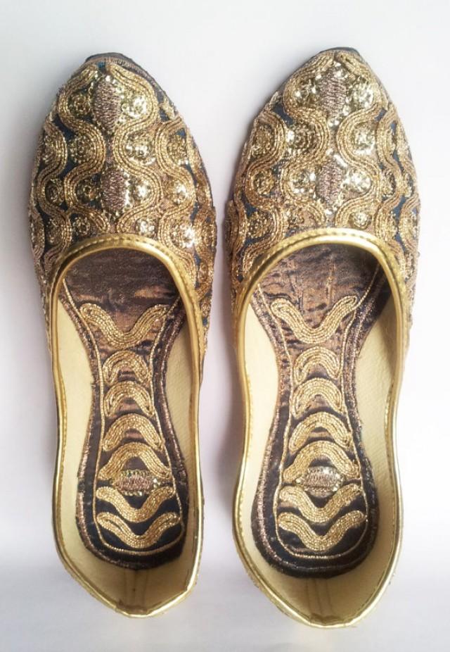 US Size 6/Champagne Shoes/Women Ballet Flats/Gold Embroidered Women
