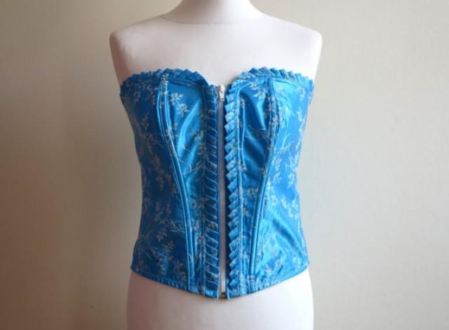Light Blue White Floral Print Overbust Corset Open Back Lace Up Top Bustier Medium Size #2327016 
