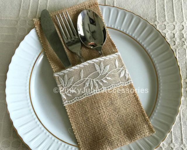 10 Burlap And Ivory Color Lace Rustic Silverware Holder, Wedding