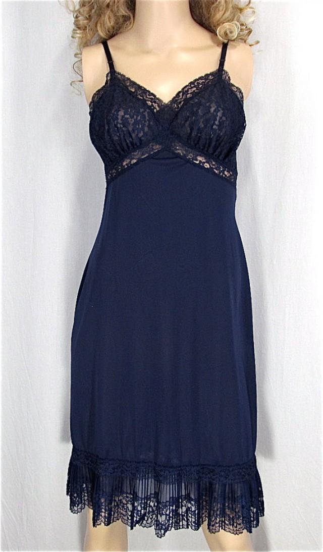 Vintage Crystal Pleat Slip 34 Navy Blue Nylon Petti Slip Pin Up Lingerie Vintage Petticoat Sexy