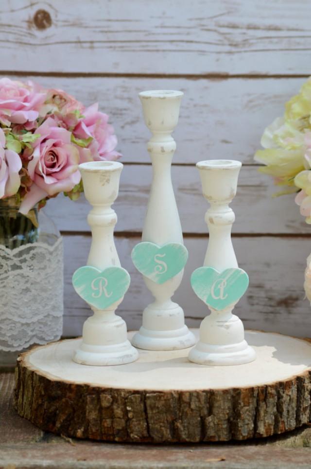 Shabby Chic Unity Candle Set Mint Wedding Ceremony Unity Candle