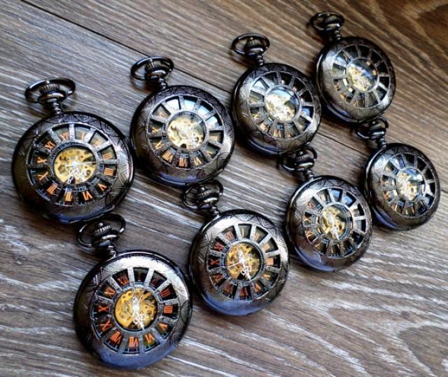 Set Of 7 Black Mechanical Pocket Watches With Copper Dial And Watch