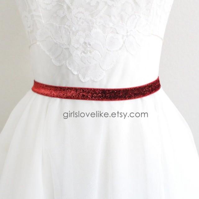 Red Skinny Glitter Elastic With Clasp Buckle Belt, Bridal Wedding Belt