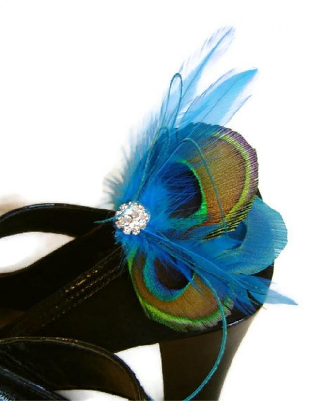 Something Blue Peacock Feather Shoe Clips With Rhinestones Wedding