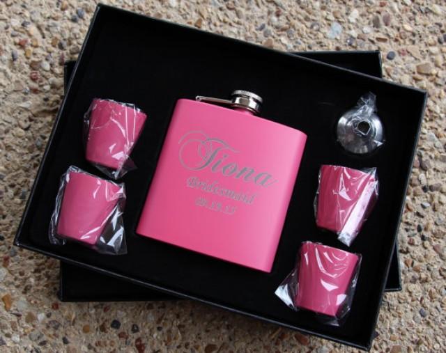 3 Personalized Bridesmaid Flasks, Bachlorette Party Flasks, Pink Engraved Hip Flask, Monogram
